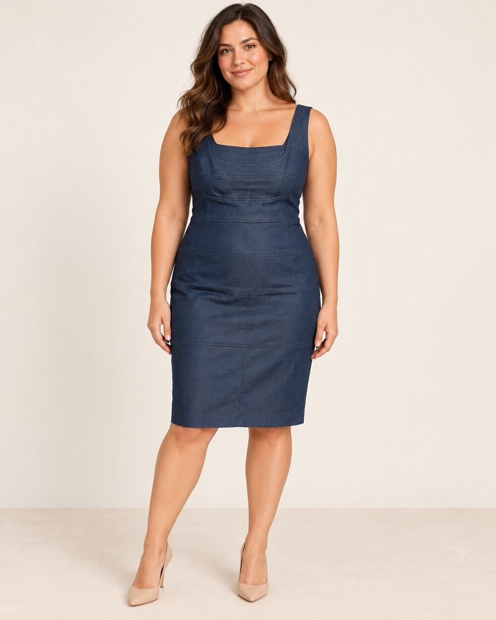 Evan Picone Denim Sheath Dress Size 10 Navy Blue Square Neck Stretch